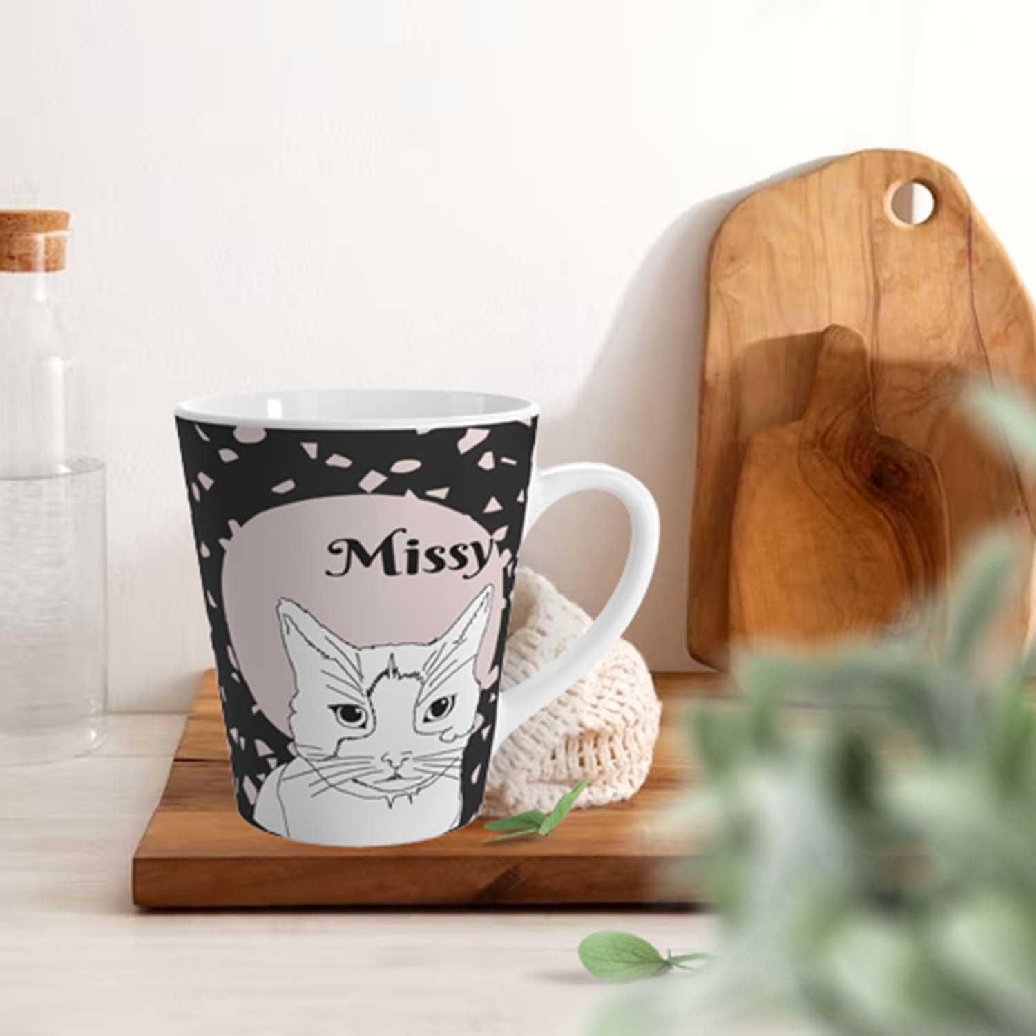 custom line art portrait of cats and pets on a colourful mug with terrazzo pattern in scene