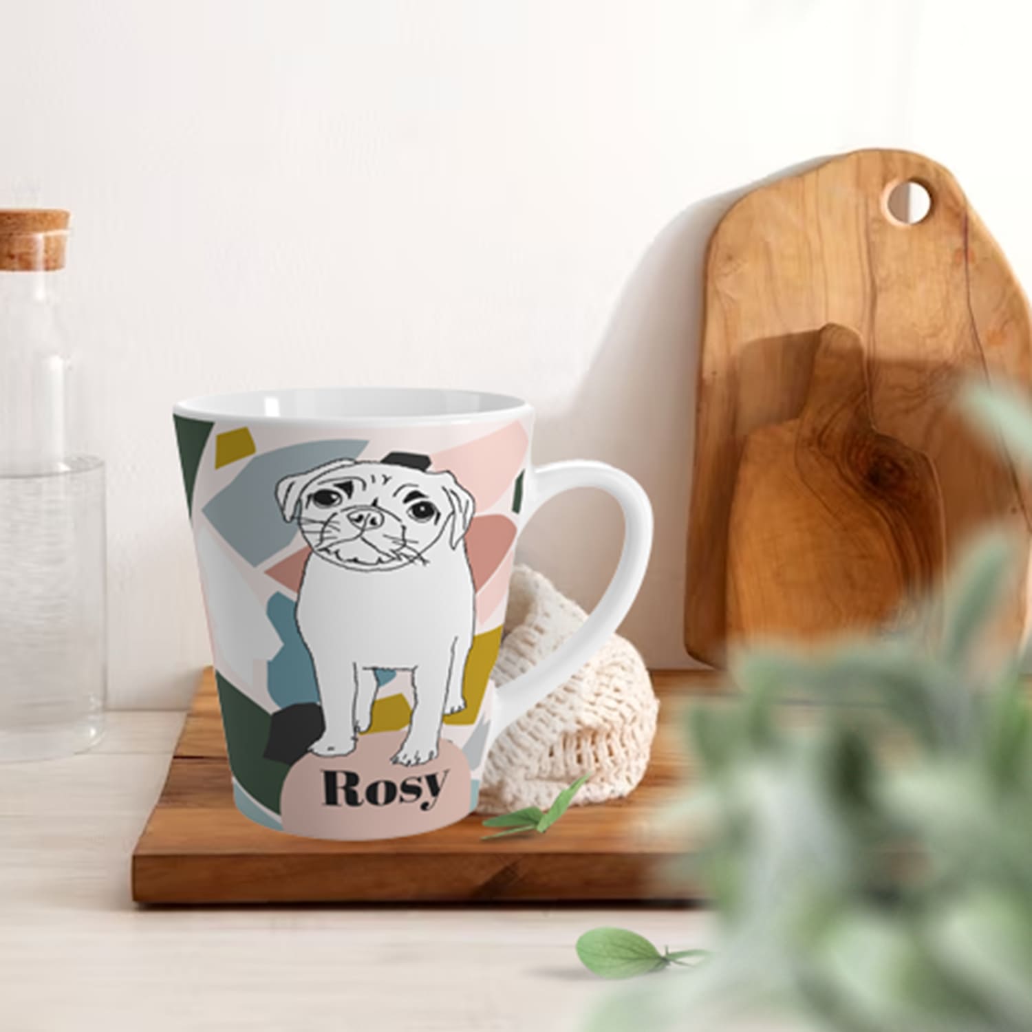 custom line art portrait of dogs and pets on a colourful mug with terrazzo pattern in scene