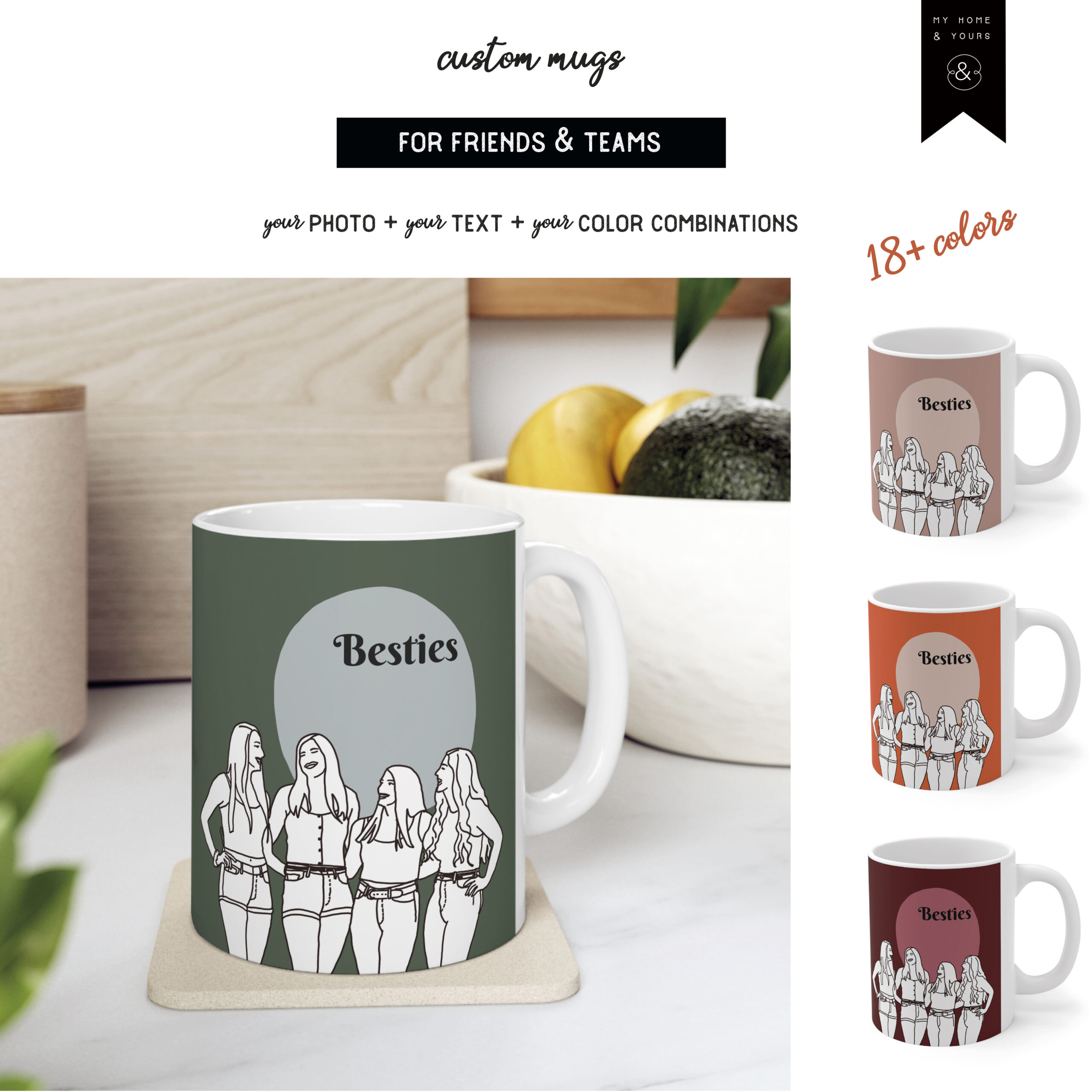custom line portrait mugs for besties and teams on colorful terrazzo patterned premium quality