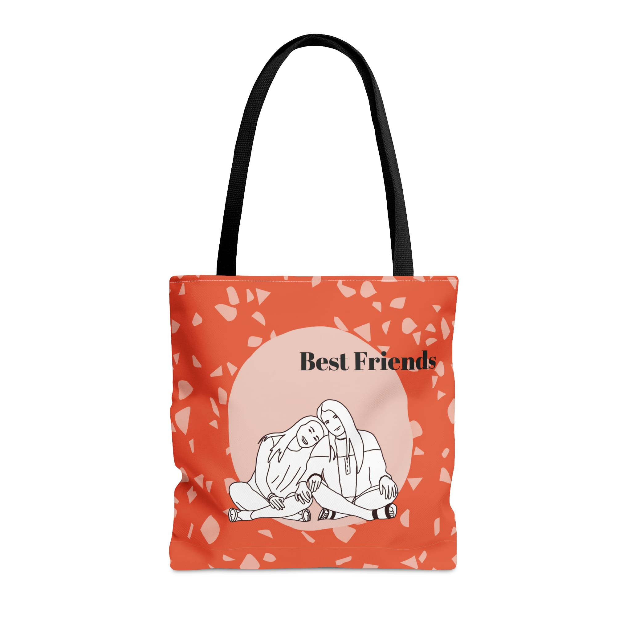 custom matching tote bags for best friends with their line art portrait illustrtation from photo on colorful terrazzo patterned background .jpg