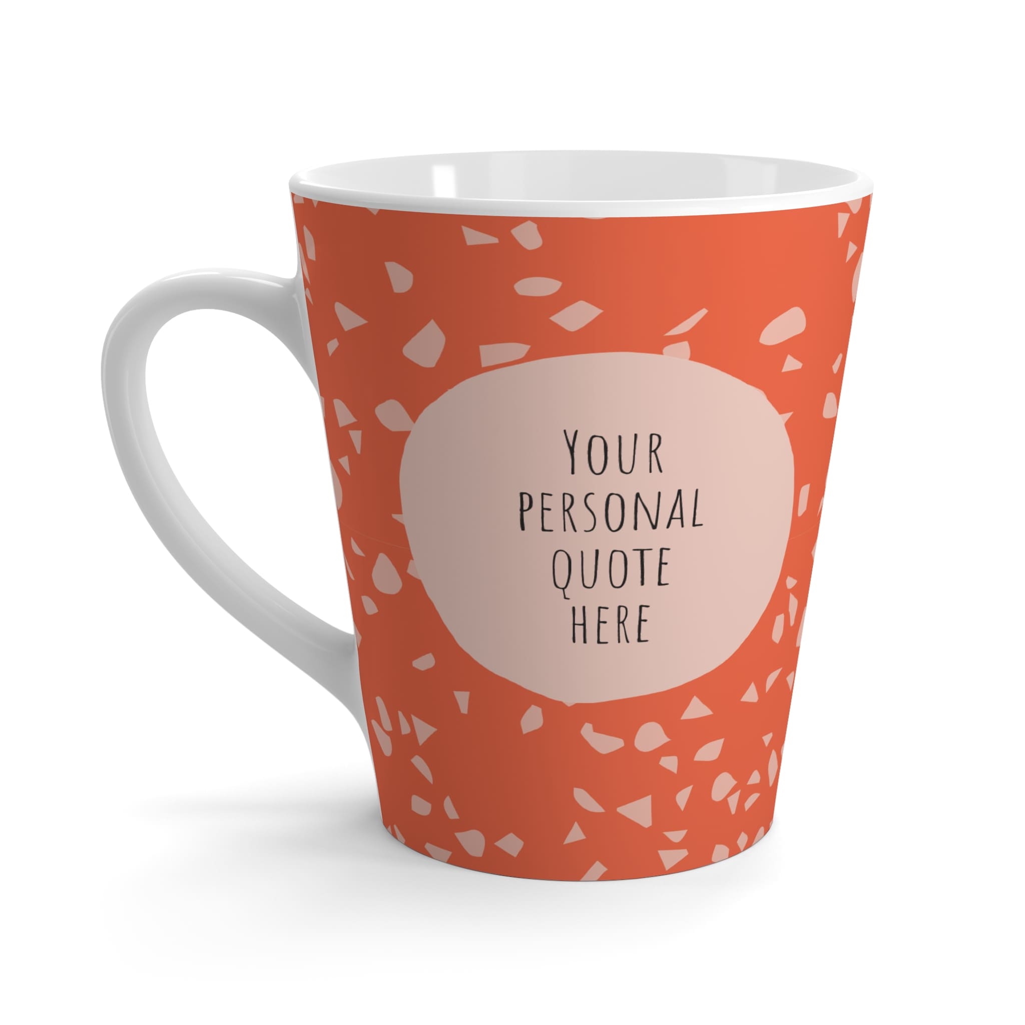 custom mug with colorful terrazzo patternd background and quote in the back front with line portrait