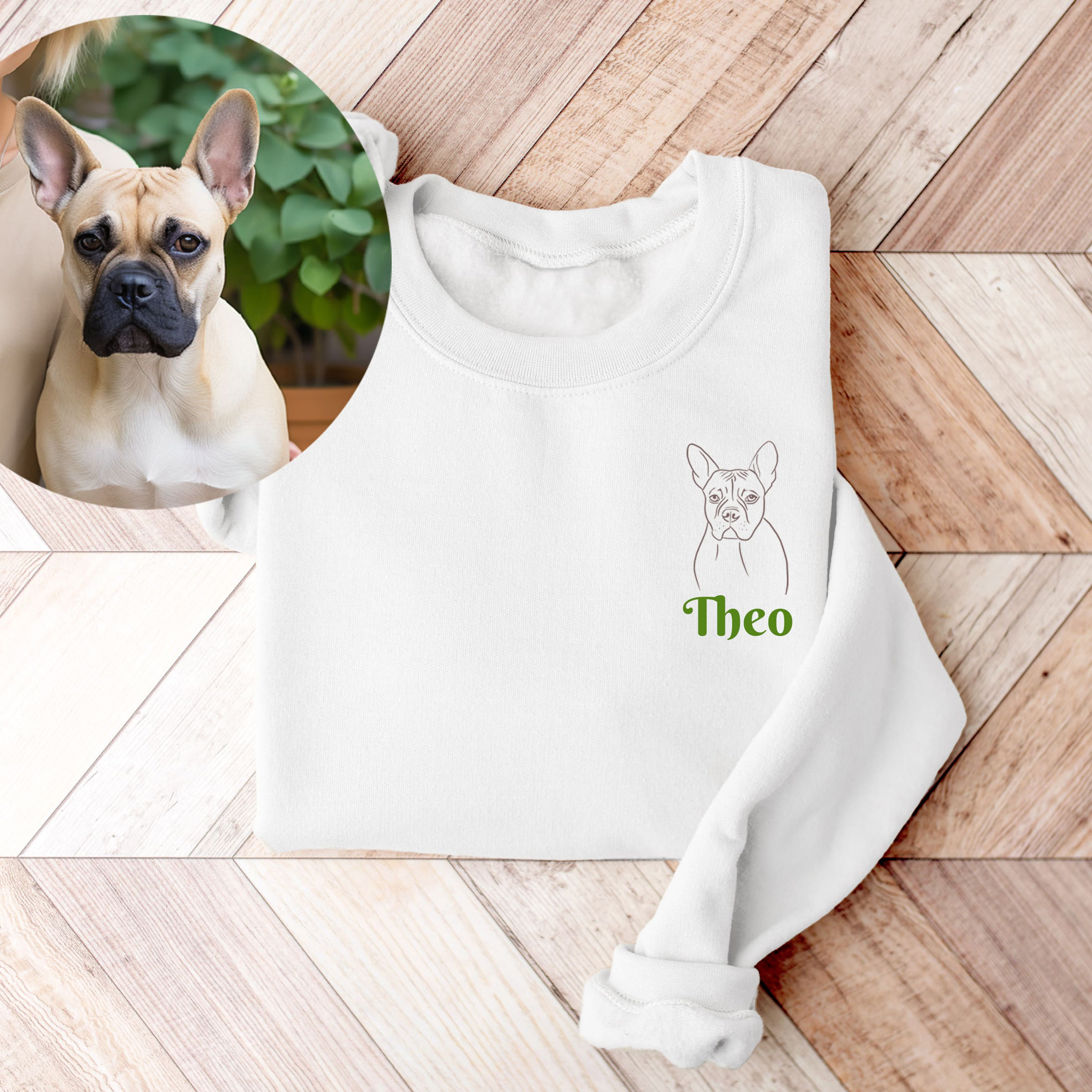 custom pet drawing from photo on a sweatshirt with its name