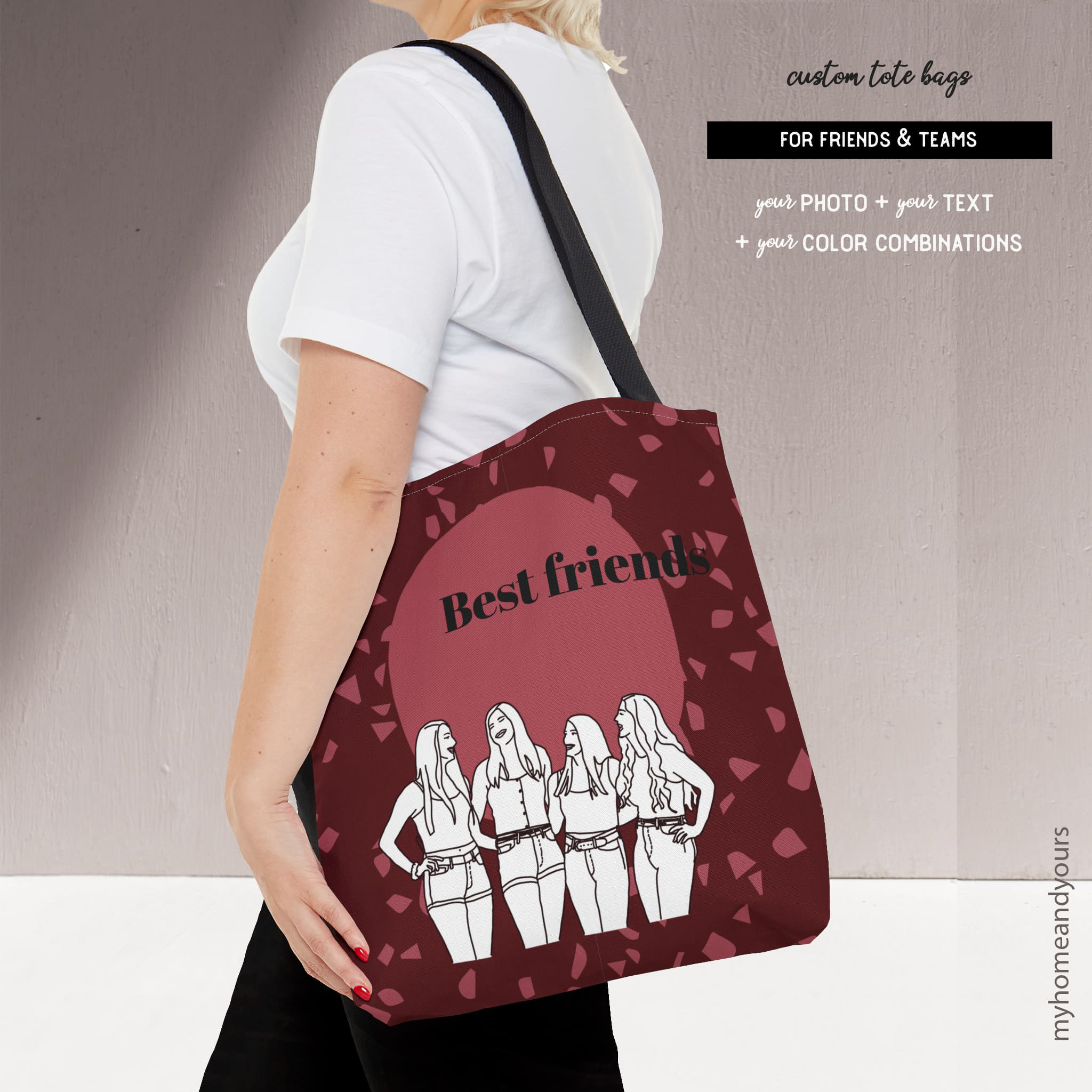 custome tote bags for best friends and teams with line art portrait illustration from your photo on colorful terrazzo patterned background patterns and color blocking designs