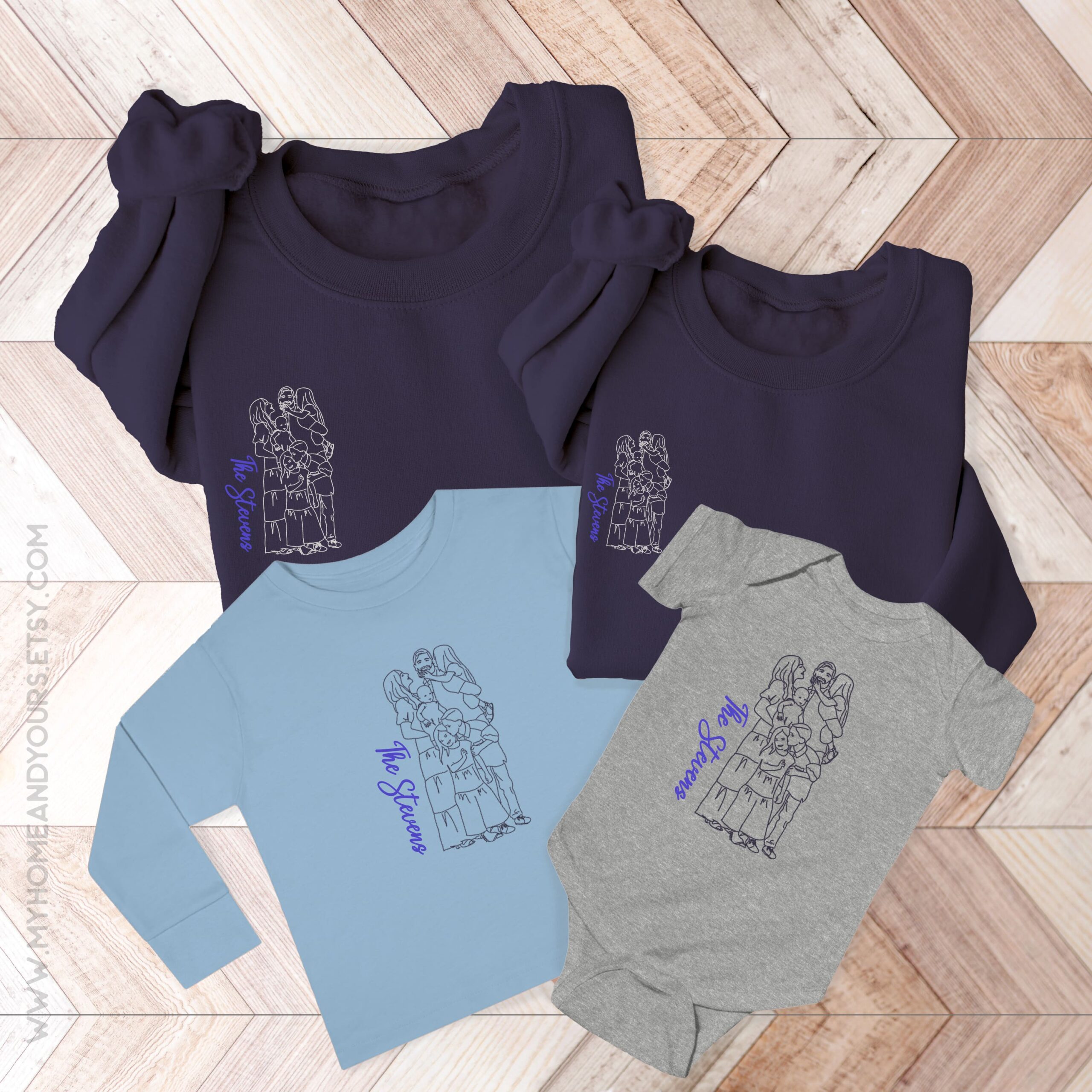 family of 6adult and kids sweatshirts toddler longsleeve and baby body
