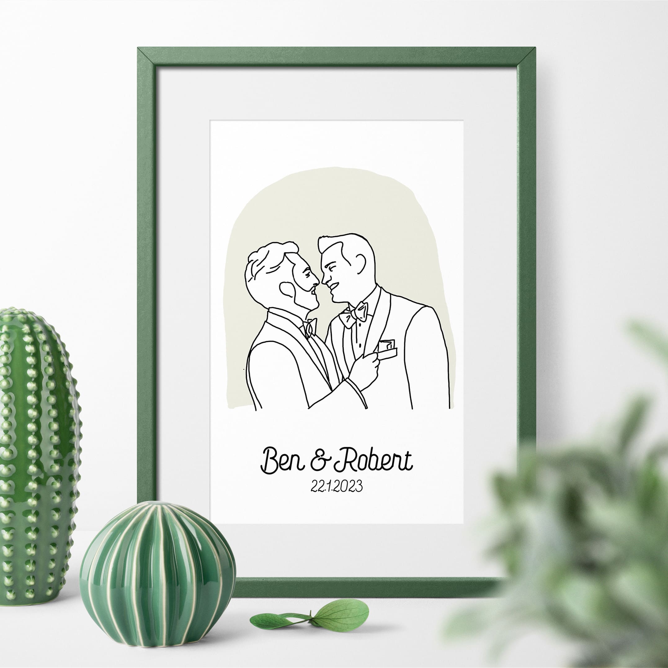 gay wedding couple portrait illustration in minimal line art style to be framed with names and date