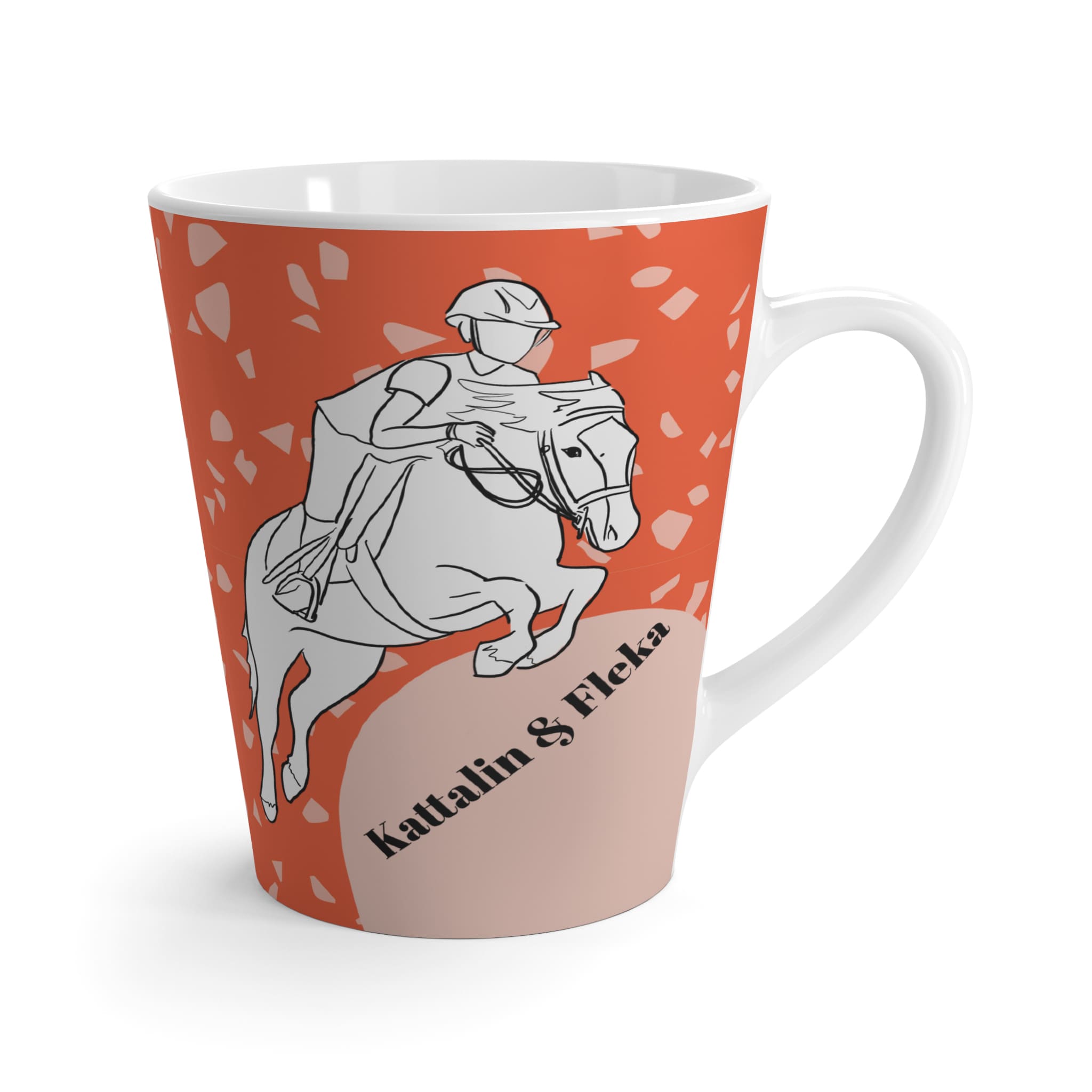 colorful custom line art illustration for horse girls on a mug illustrating her show jumping with bright terrazzo patterned background