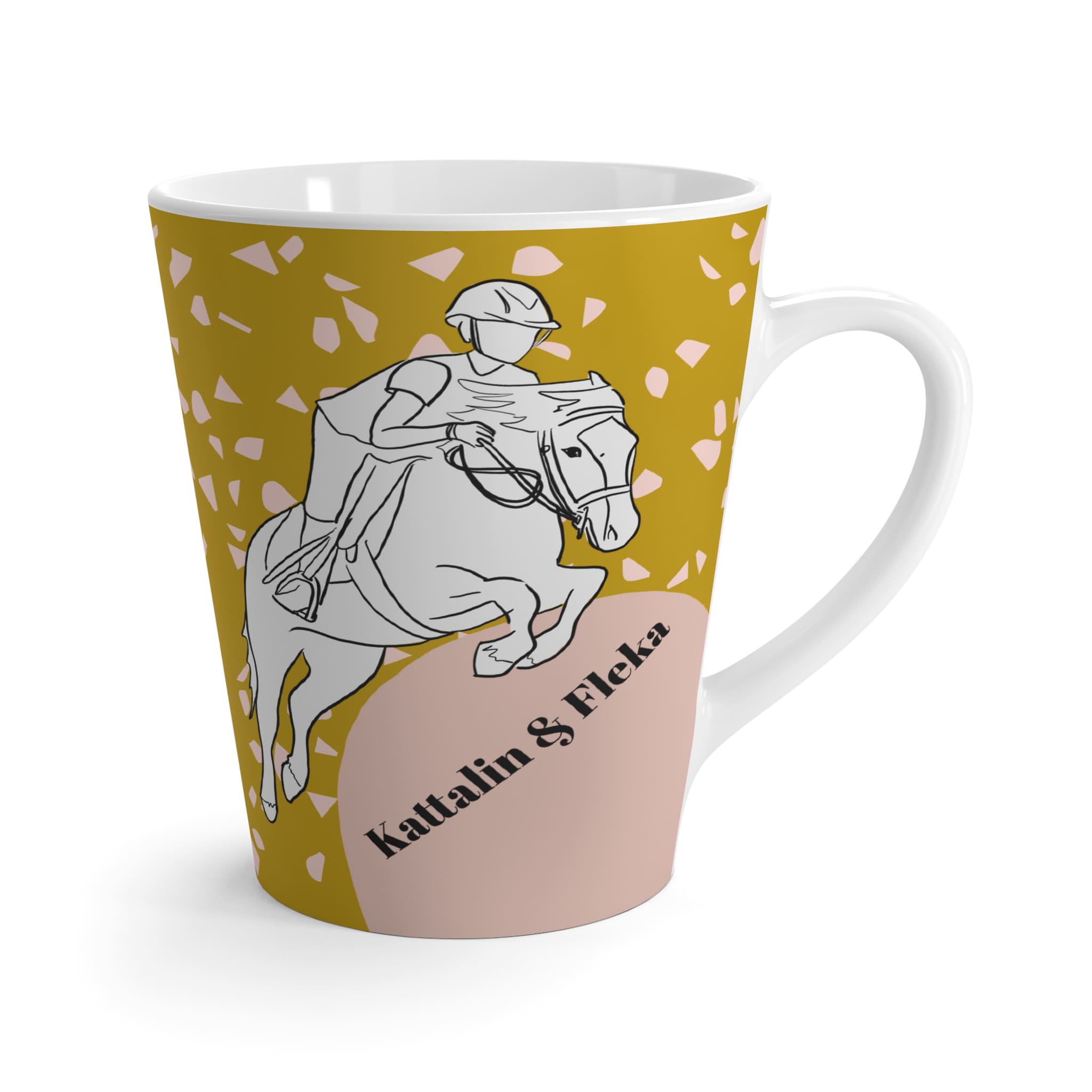 custom fashion latte mug with line art illustration of girl and horse jumping with their names in fun color blocking terrazzo pattern