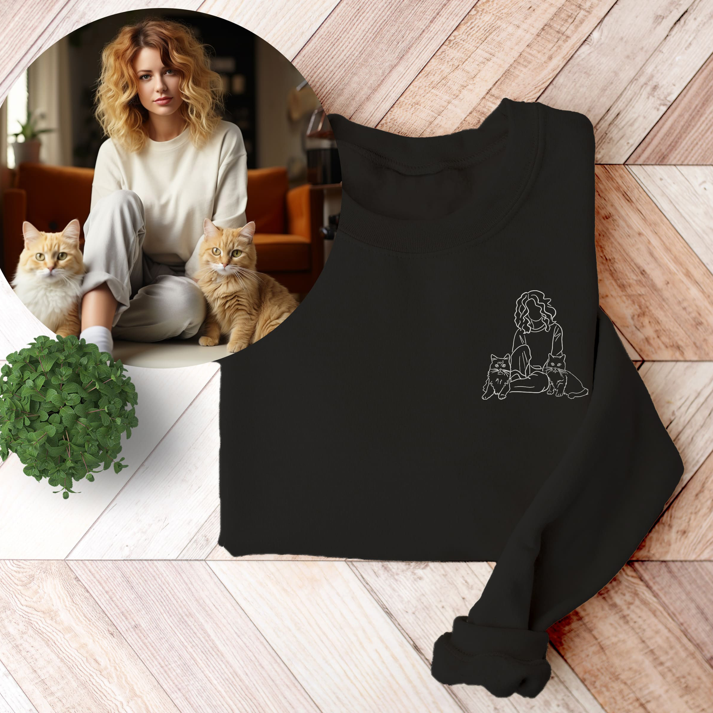 ideal gift for cat mom sweatshirt with custom drawing from photo of her and the cats