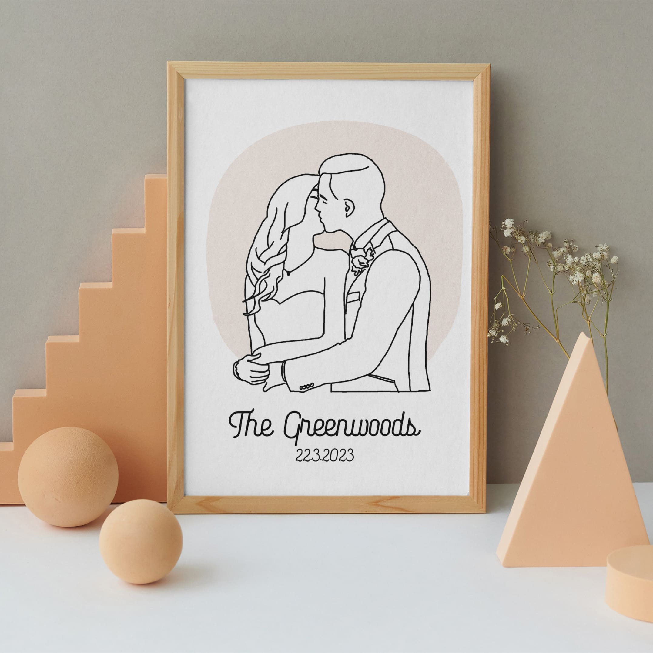 kissing wedding couple portrait from photo in minimalist line art style with their names and date hand illustrated