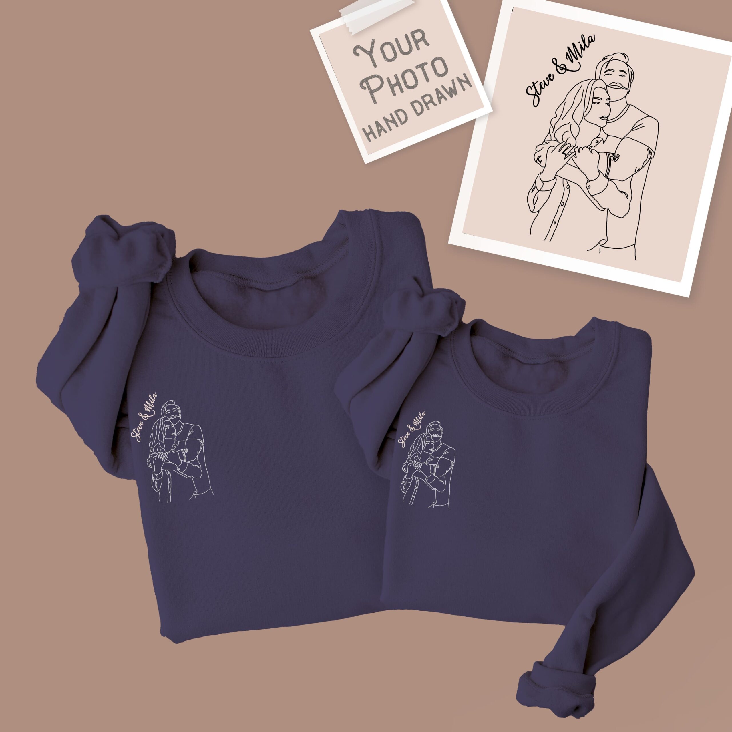 navy matching sweatshirts for couples with their name and hand drawn illustration from photo text