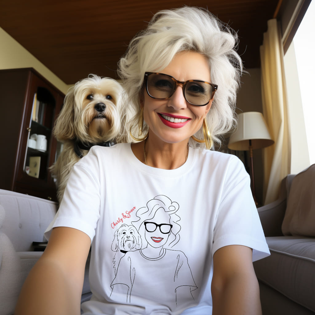 portrait Tee of dog and dog mom from photo in line art style with custom text 