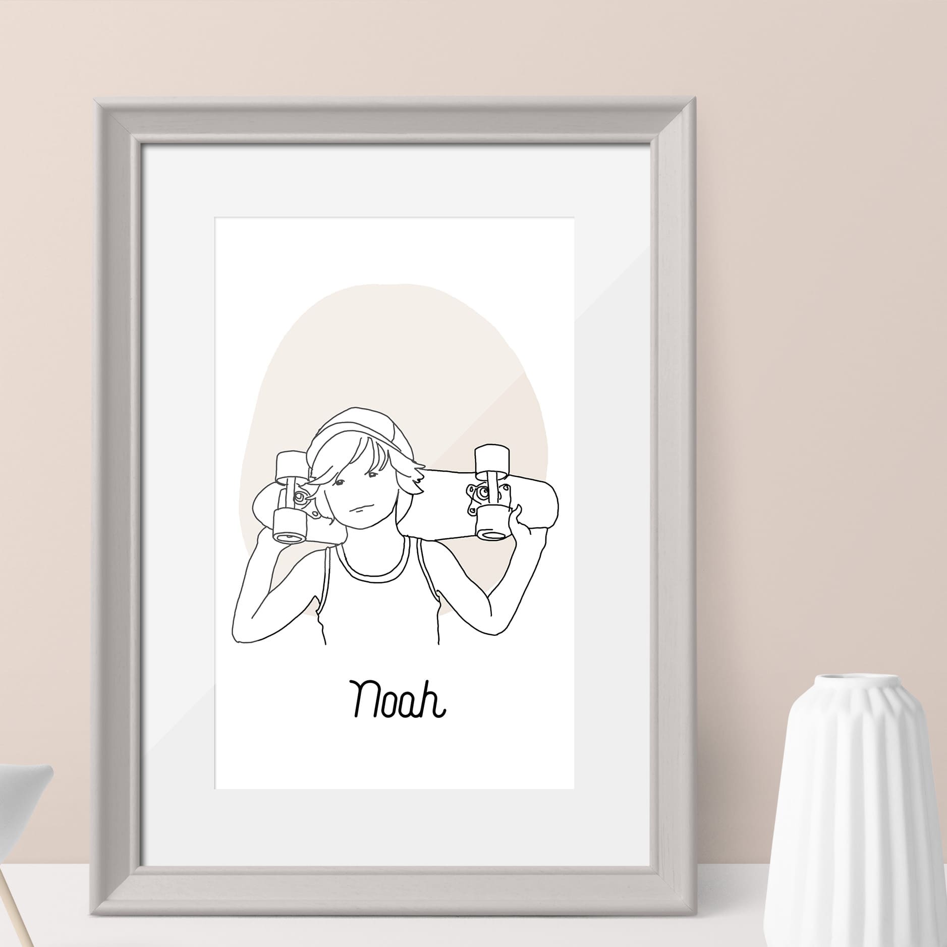 Custom line art portrait digitally hand drawn from your photo of son with name as wall art decor of boys room