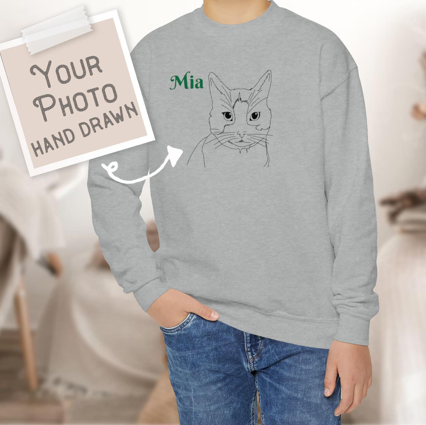 teenager sweatshirt with a custom pet illustration from photo