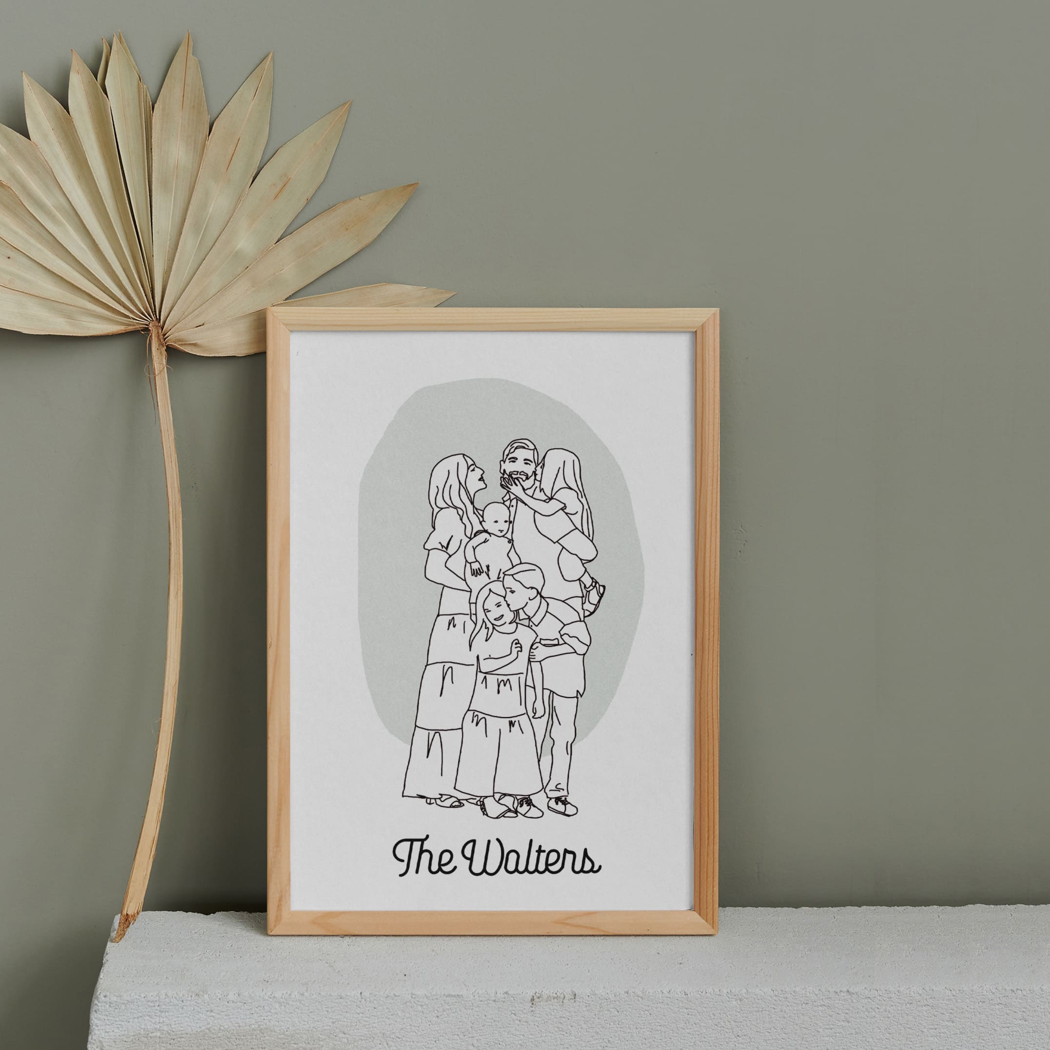 custom line portrait illustration of family from photo with your family name in digital style to be printed and framed wall art decor