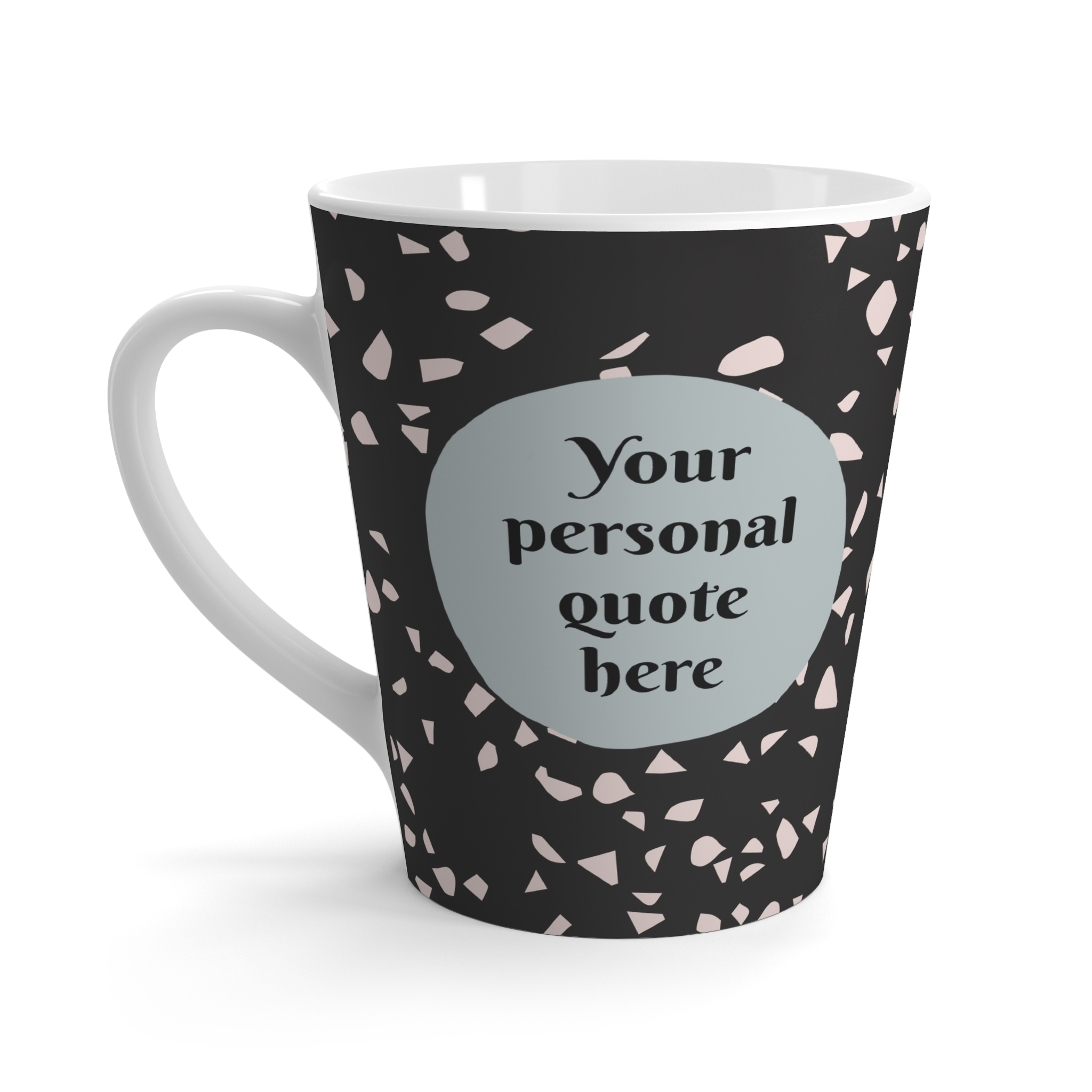 black and white terrazzo mug with custom quote with portrait of the wedding couple as keep sake or anniversary gift