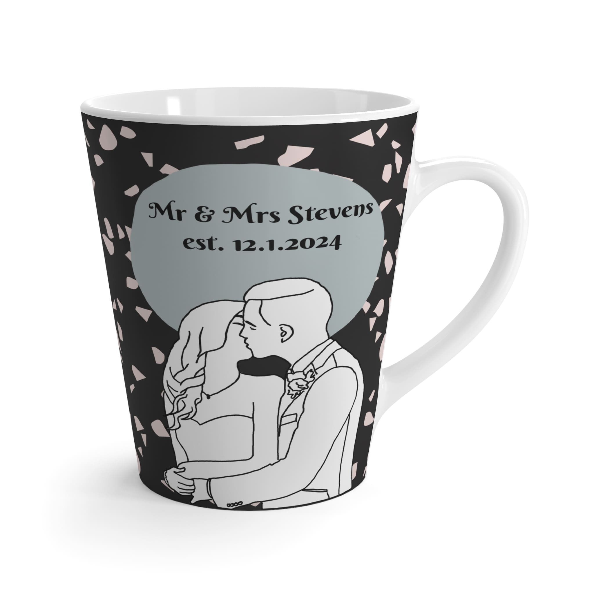 custom line portrait mug with wedding couple their names and date as a keep sake or anniversary gift for their new home