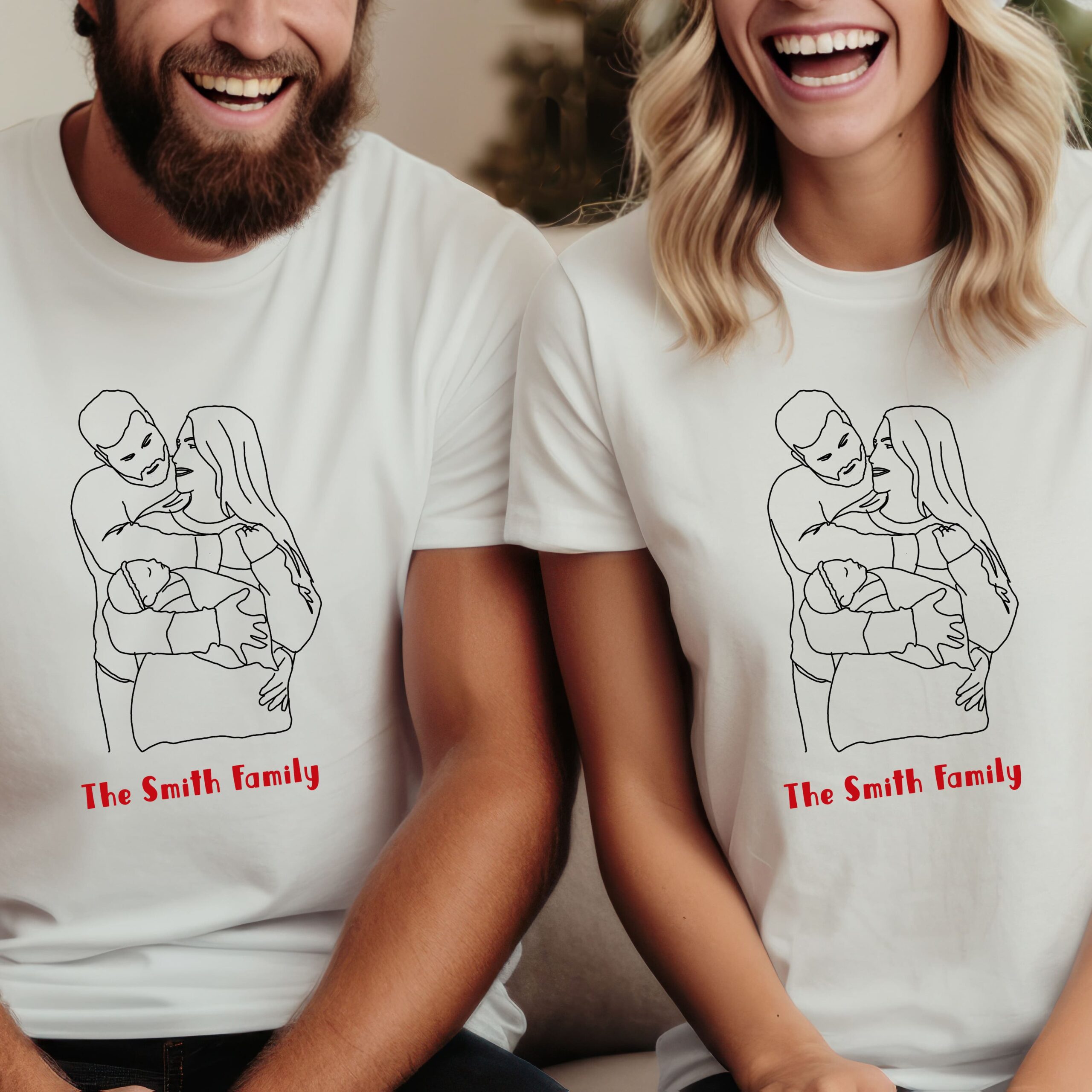 Matching new parents tees with custom line art portrait of the new family with newborn baby and family