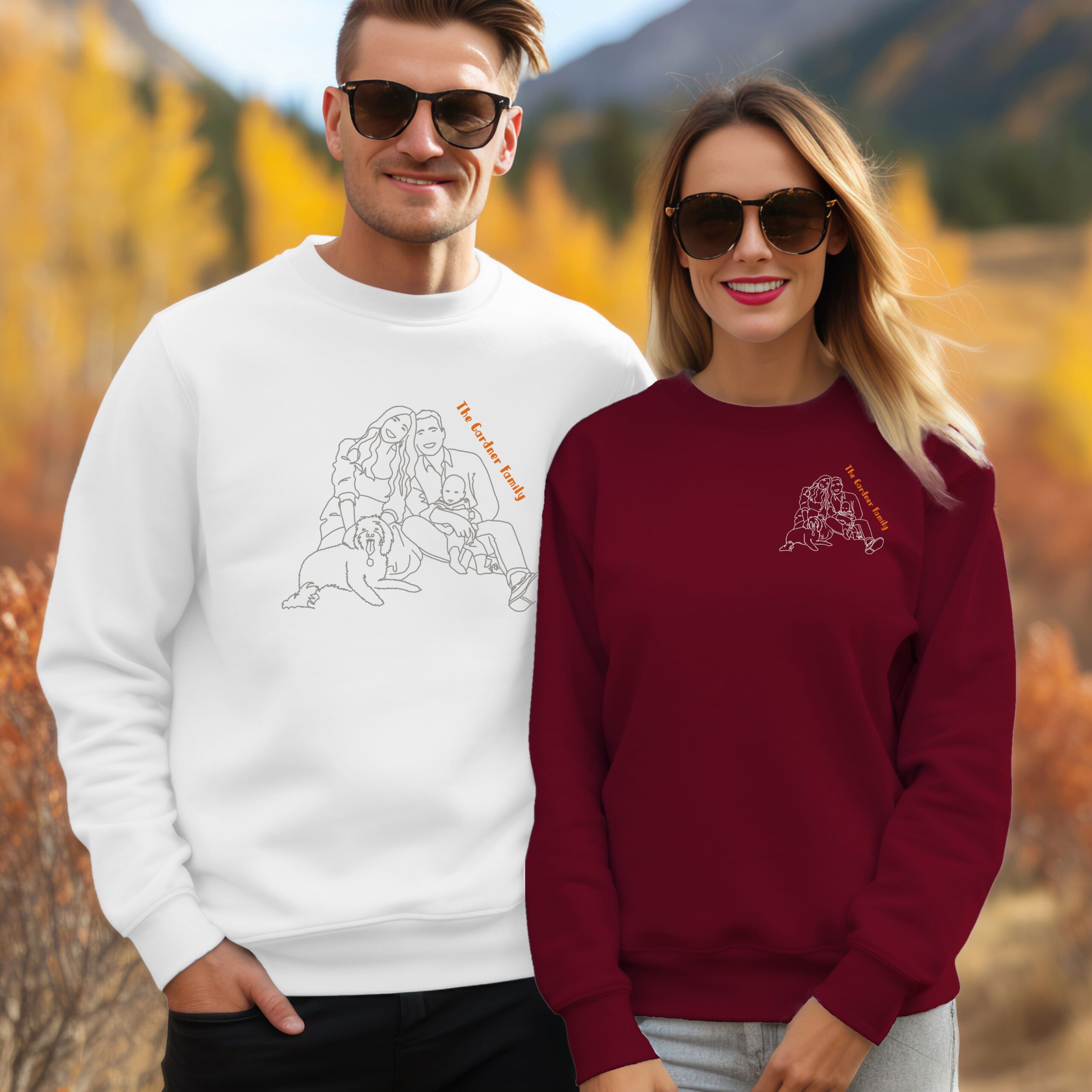 mix matched custom line portrait illustration sweatshirt of couple family with baby and dog in white and maroon