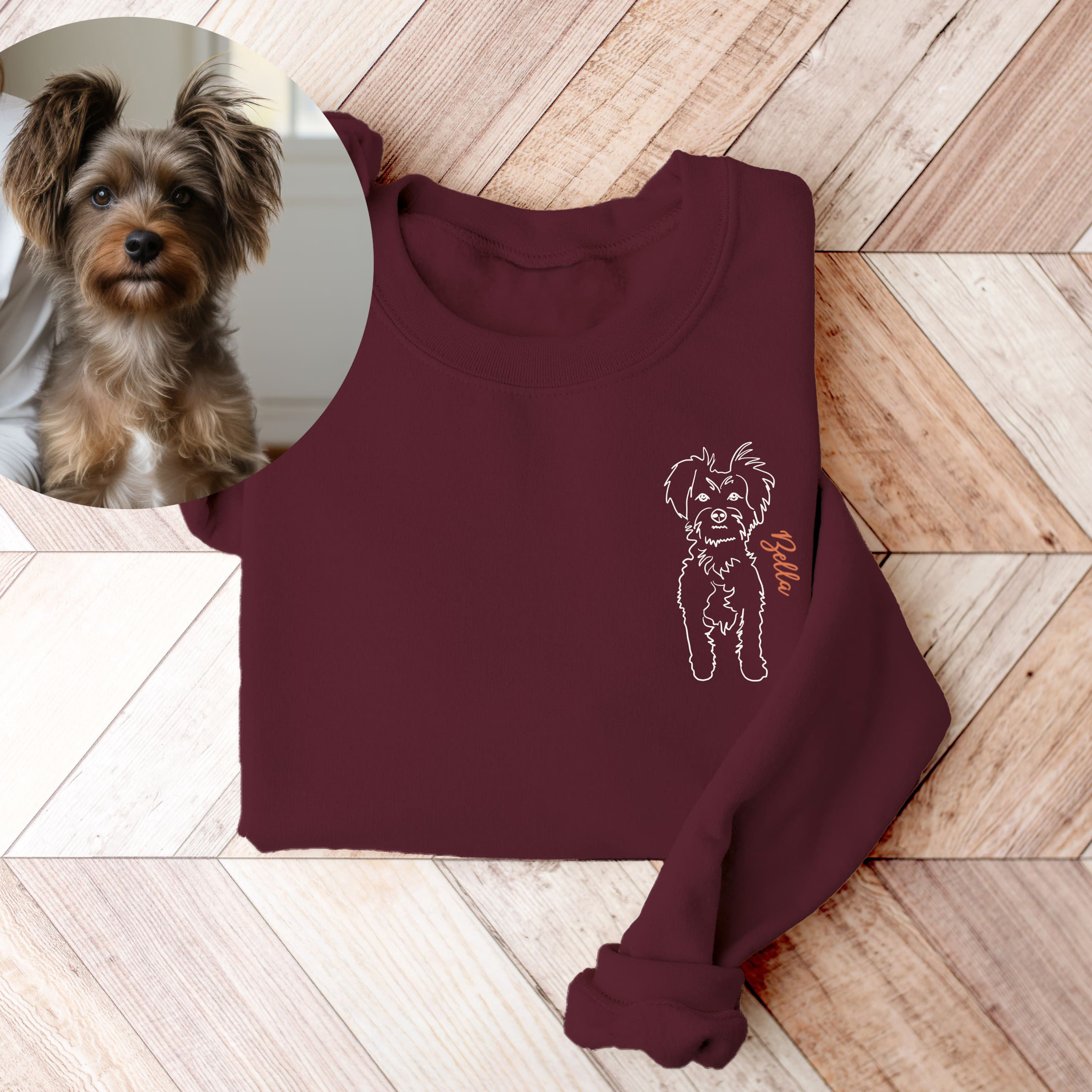 custom dog line portrait illustration on marroon sweatshirt for him and her