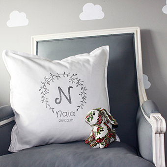 baby girls name initial and birth date cushion with wreath