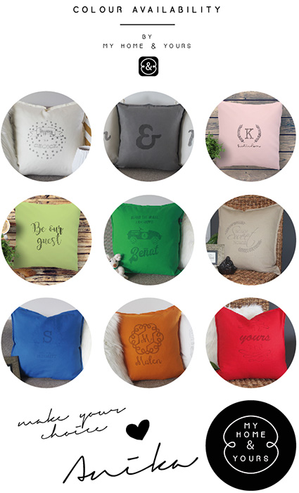color chart of hand printed cushions by my home and yours